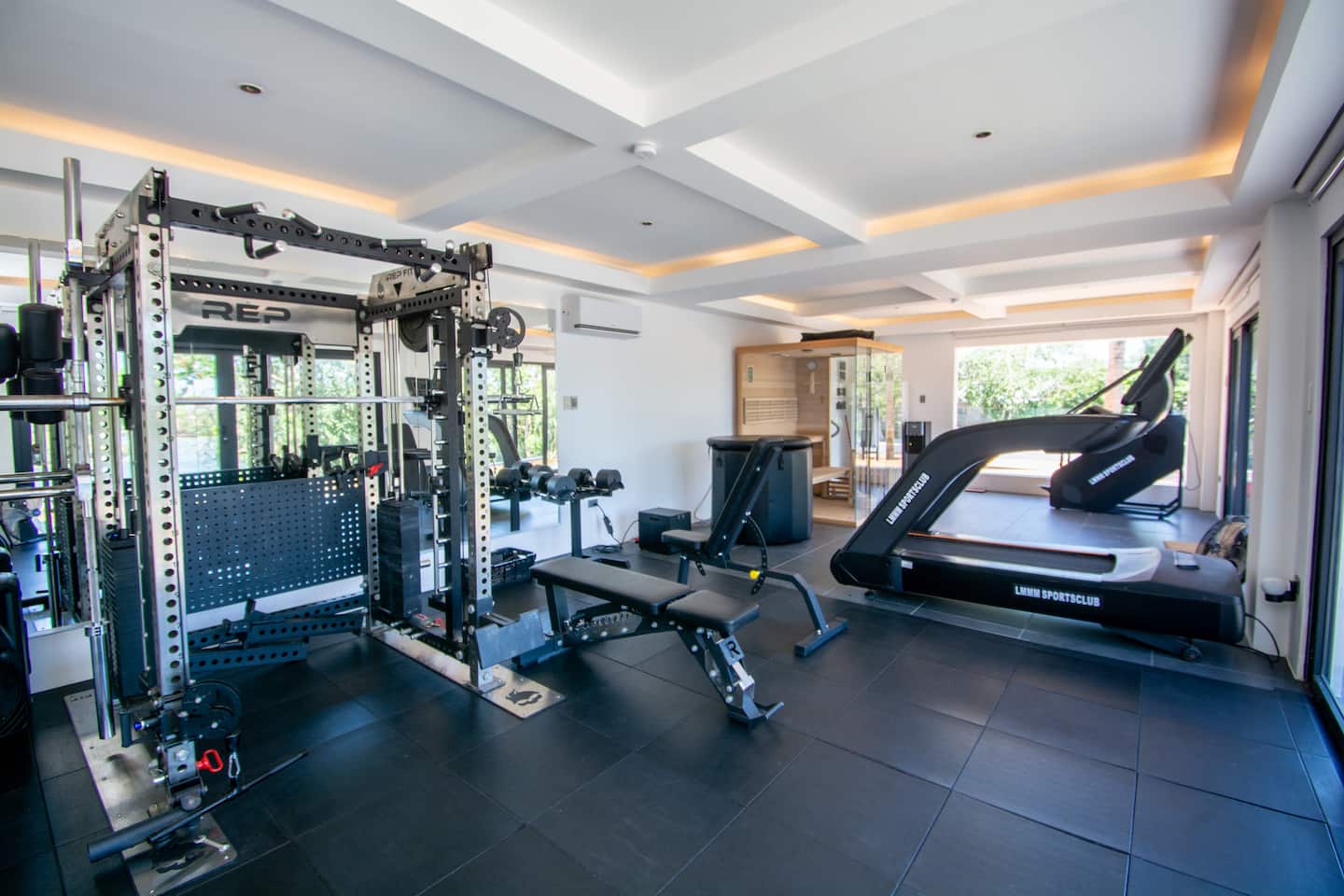 Private gym with rack, benches and treadmill