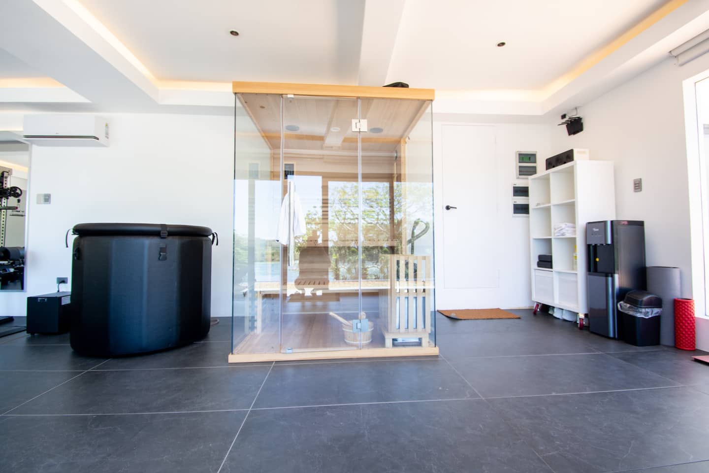 Glass sauna and cold plunge tub